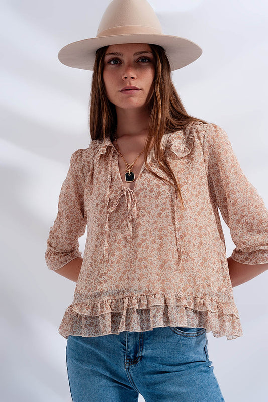 Tie front chiffon blouse in beige floral print - Blouses