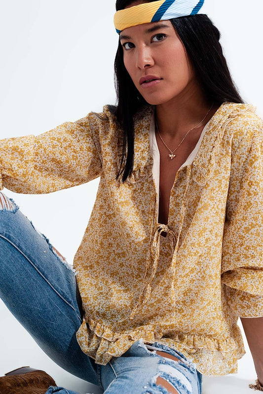 Tie front chiffon blouse in yellow floral print - Blouses