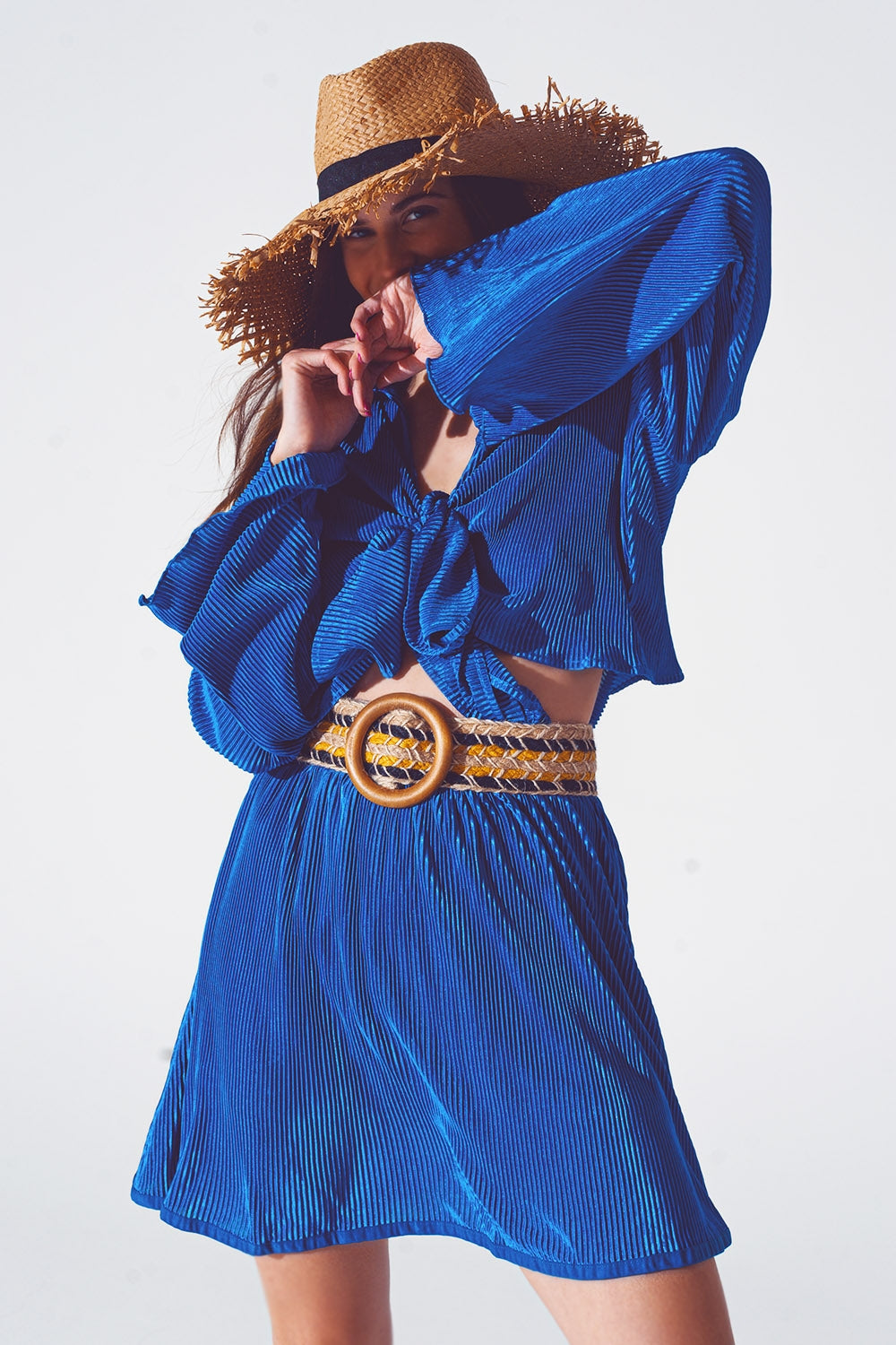 Tie Front Pleated Crop Top in Blue - Tops