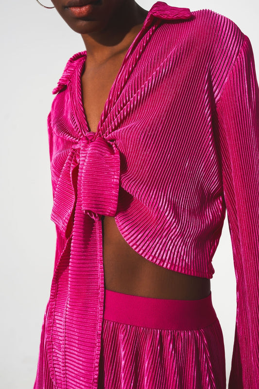 Tie front pleated crop top in fuchsia - Shirts