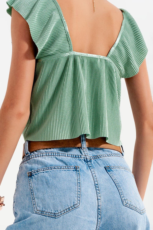 Tie front shirred detail volume sleeve crop top in green - Tops