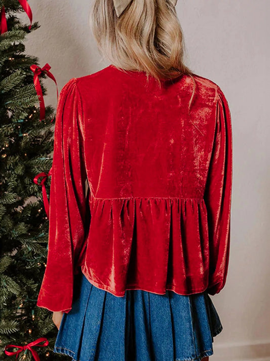 Plus Size Tie Front Velvet Peplum Blouse - Blouses