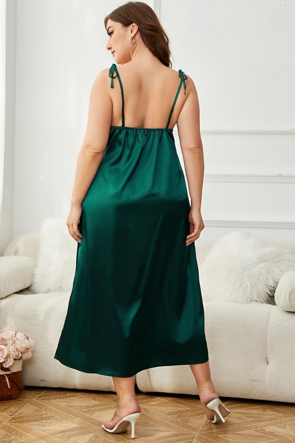 Plus Size Tie-Shoulder Midi Night Dress - Dresses
