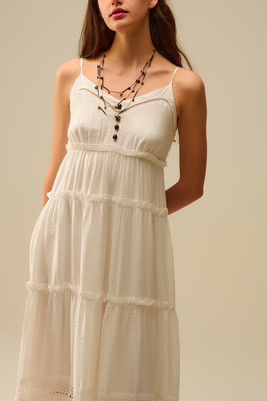 Tiered Maxi Dress with Lace Inserts in White - Dresses