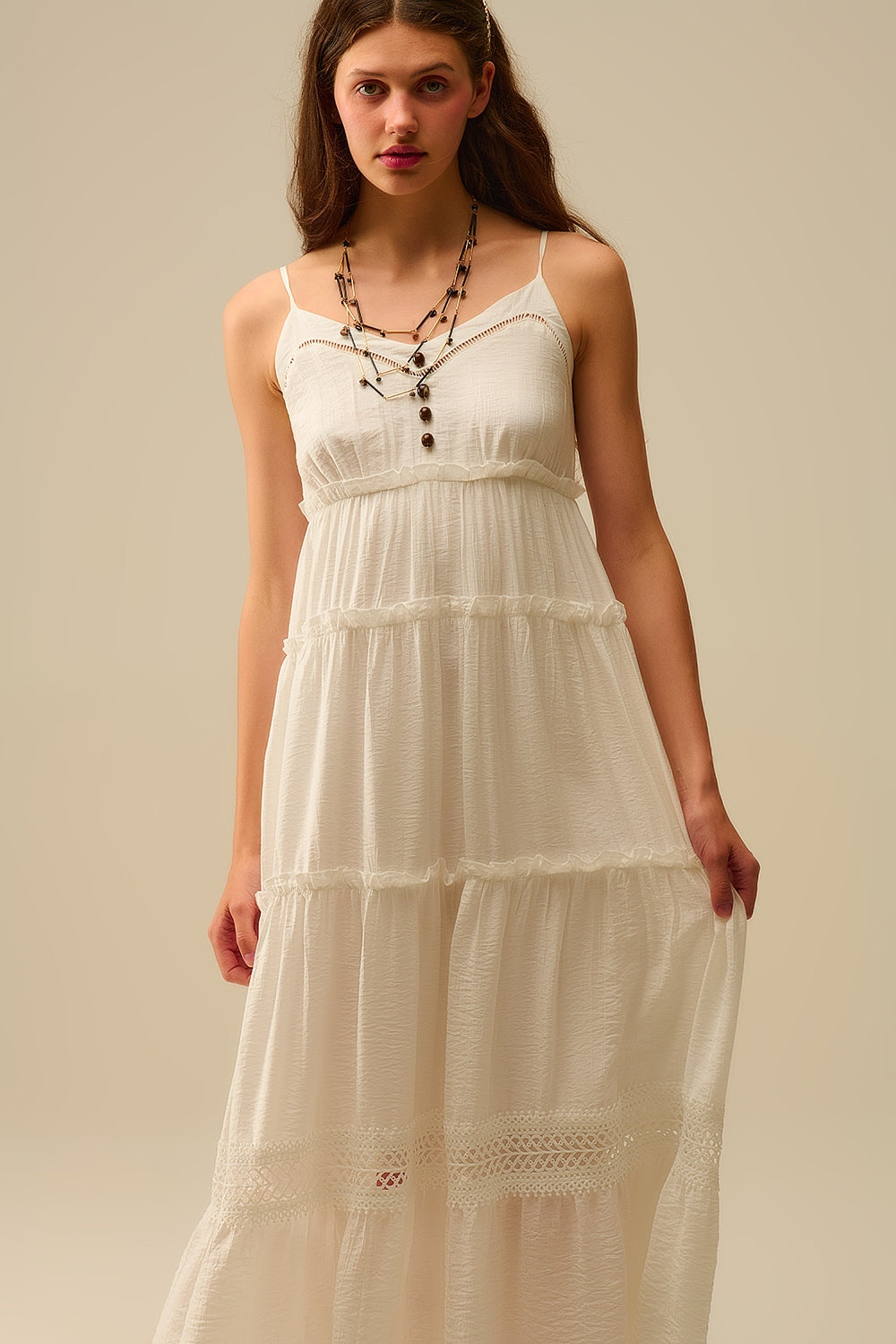 Tiered Maxi Dress with Lace Inserts in White - Dresses