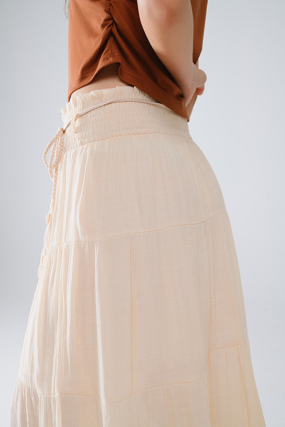 Tiered Maxi Skirt In Beige With Elastic Waist And Shell Details - Skirts