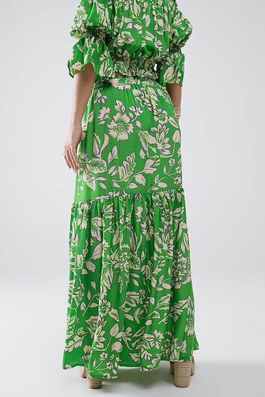 Tiered Maxi Skirt In Green Floral Print - Skirts