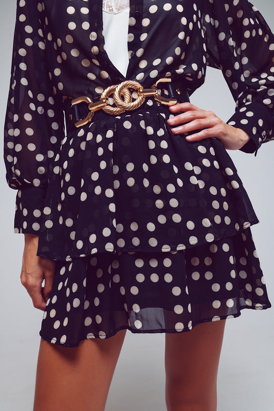 Tiered Mini Skirt in Black and Cream Polka Dots - Skirts