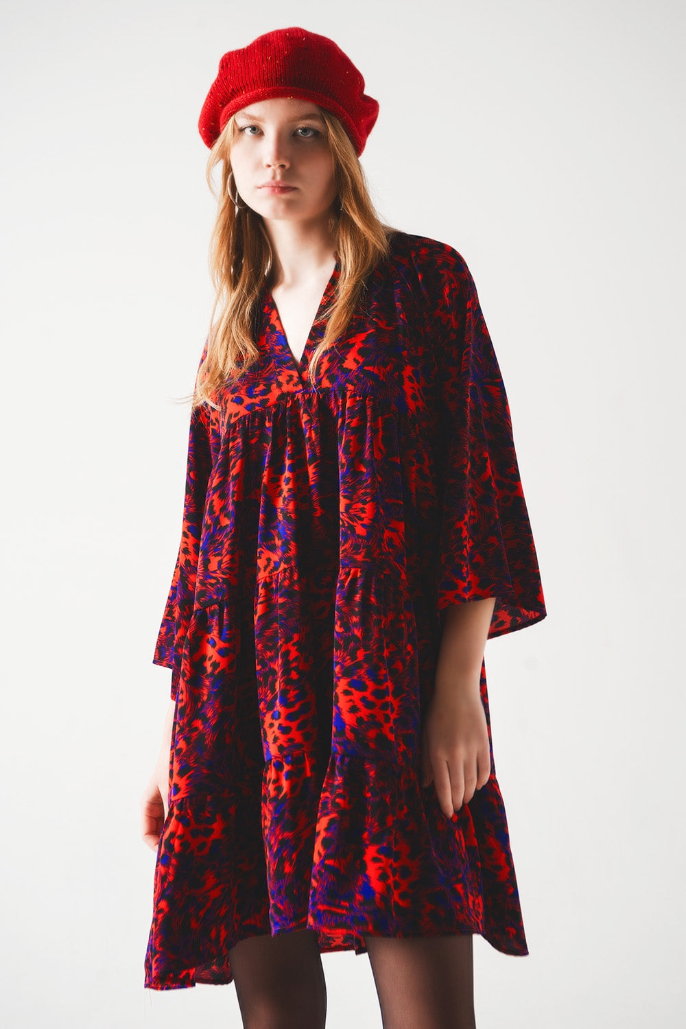 Tiered mini smock dress in animal print in red - Dresses