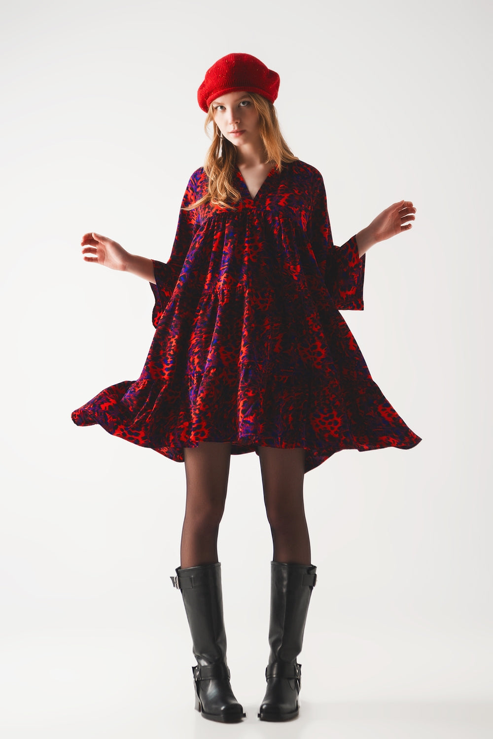 Tiered mini smock dress in animal print in red - Dresses