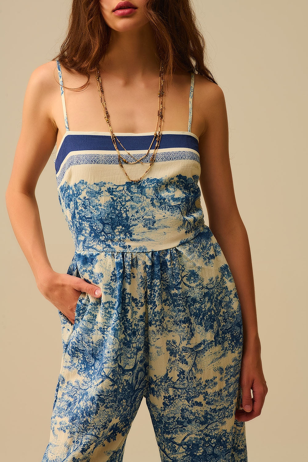 Toile de Jouy Print Jumpsuit with Thin Straps - Dresses