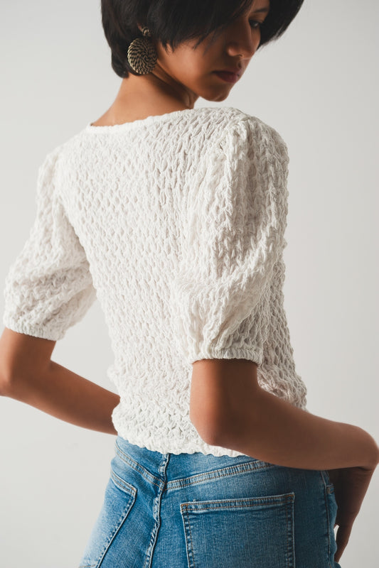 Top with balloon sleeves and hook-and-eye closure in white - Tops