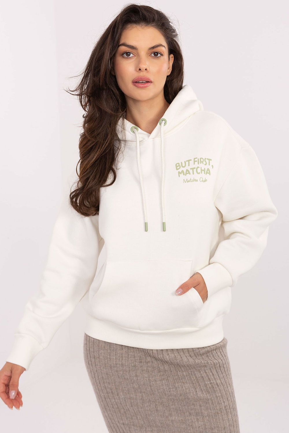 Sublevel Trendy Hoodie for Women - Matcha Design white - Sweaters