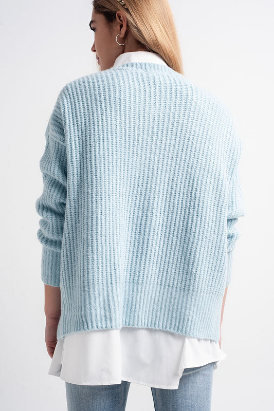 Turquoise round neck boyfriend sweater - Sweaters