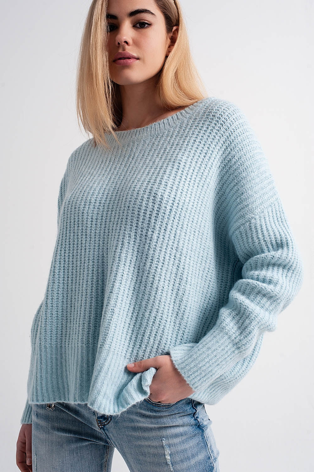 Turquoise round neck boyfriend sweater - Sweaters