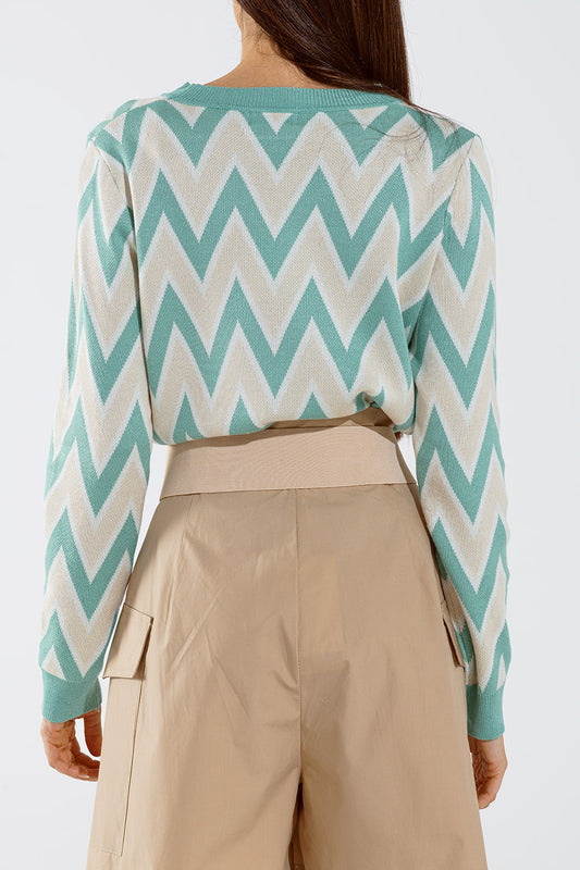 Turquoise sweater with zig zag print in Beige with white details - Jumpers