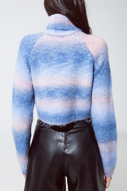 Turtleneck Sweater in Fluffy Knit in Blue And Pink Degrade - Jumpers