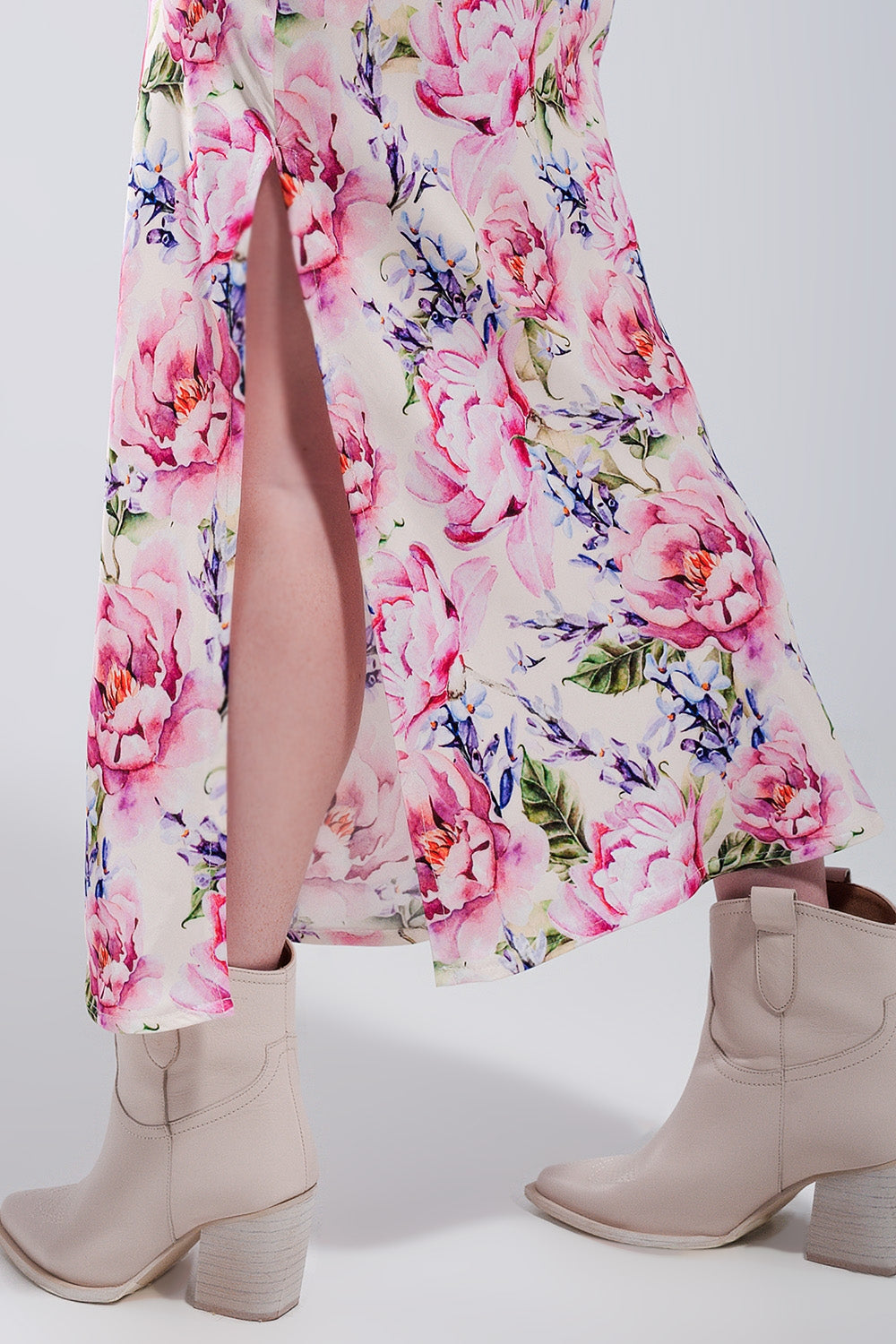 V back Satin midi dress in pink rose print - Dresses