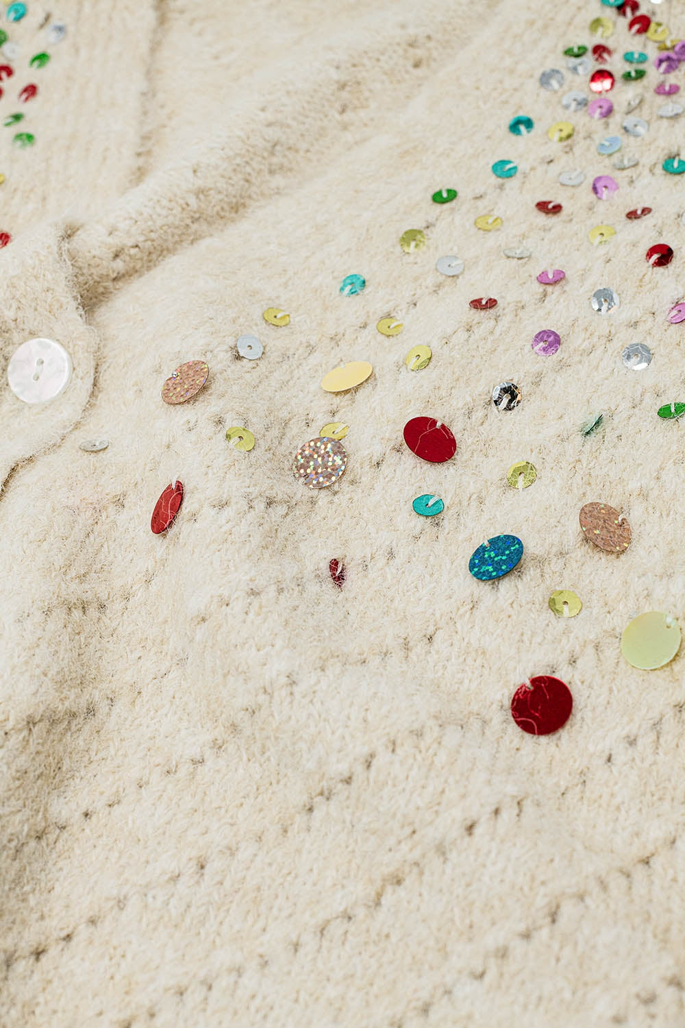 V-neck Cardigan With Multicolor Embroidered Sequin in beige - Cardigans