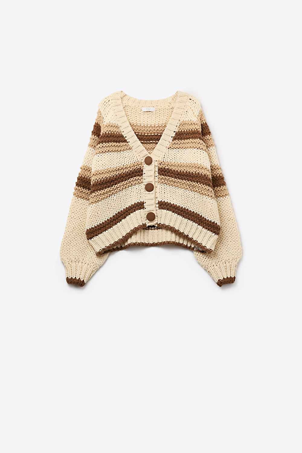 V-neck Chunky Knit Cardigan in striped of Brown and camel - Sweaters