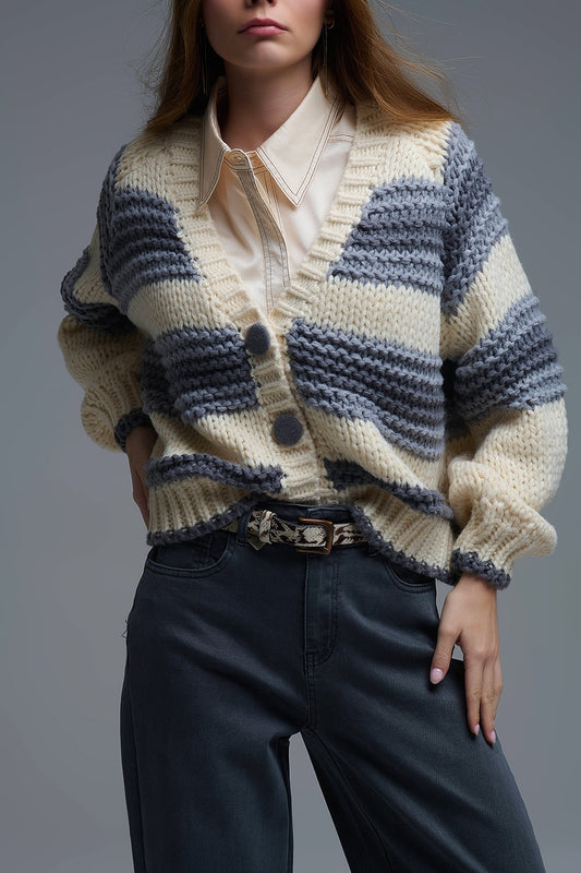 V-neck Chunky Knit Cardigan in striped of Grey and Cream - Coats and Jackets