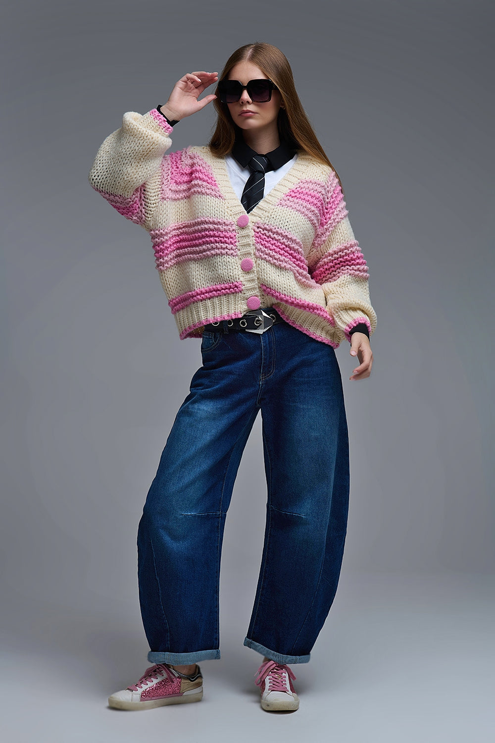 V-neck Chunky Knit Cardigan in stripes of Pink and cream - Coats and Jackets