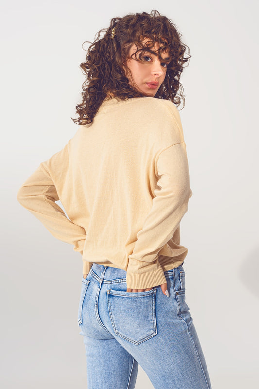 v neck fine knit sweater in beige - Jumpers