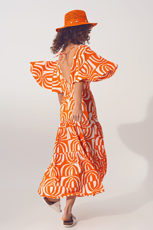 V neck Midi Dress with Print in Orange - Dresses