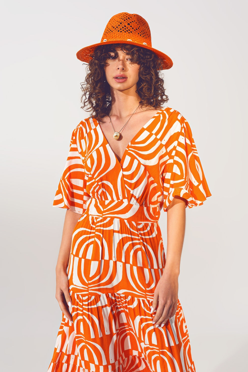 V neck Midi Dress with Print in Orange - Dresses