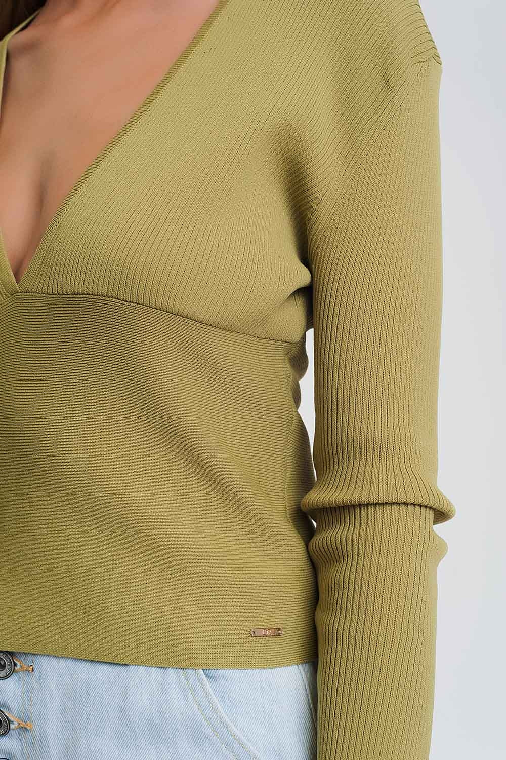 v neck ribbed sweater in green - Jumpers