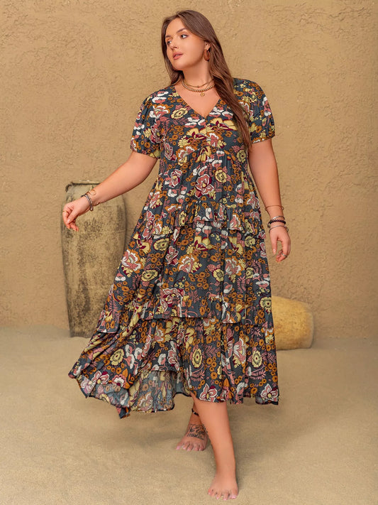 Plus Size V-Neck Short Sleeve Midi Dress -