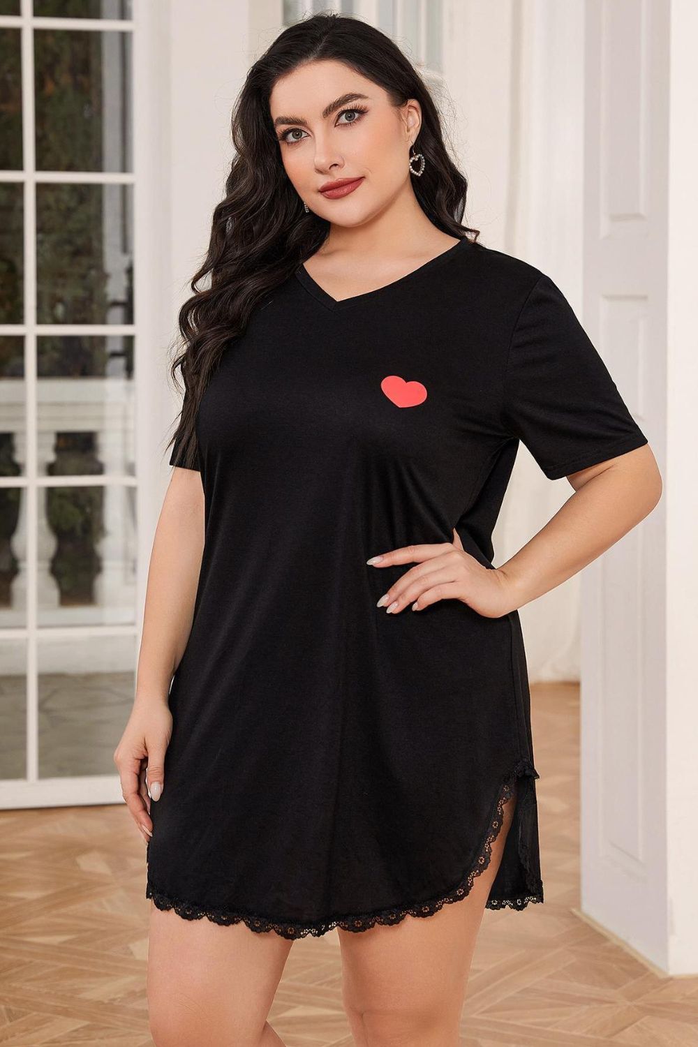 Plus Size Lace Trim V-Neck Short Sleeve Night Dress - Dresses