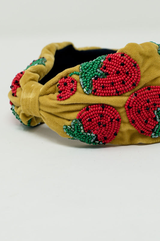 Velvet headband with strawberry-shaped bead embellishments - Headbands