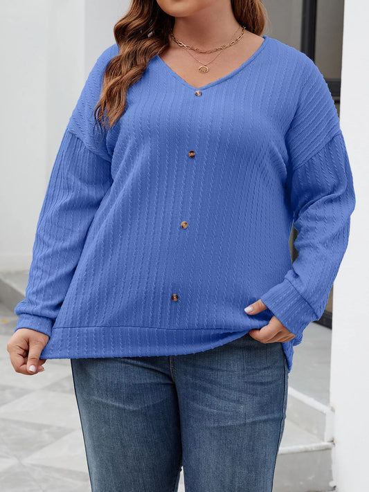 Plus Size V-Neck Dropped Shoulder Blouse - Blouse