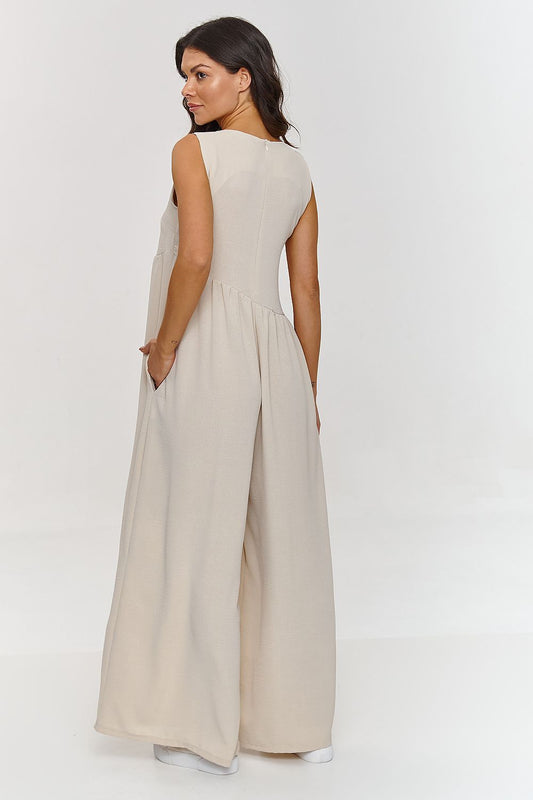 Trendy Wide Leg Jumpsuit in Soft Beige - Jumpsuits