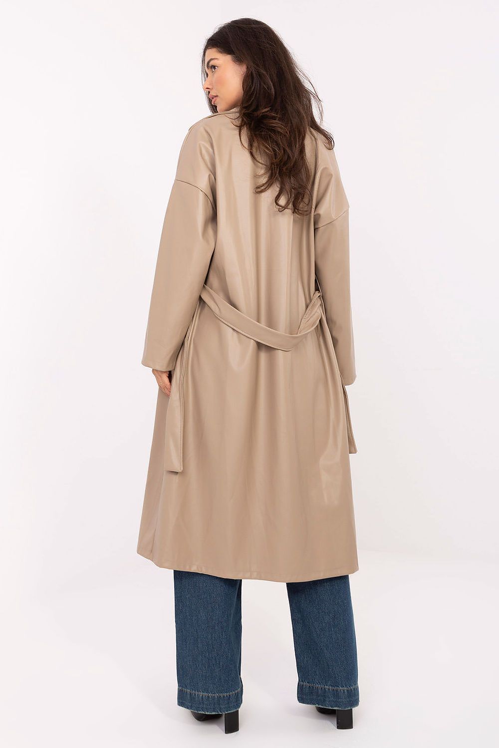 Rue Paris Vinyl Trench Coat with Belted Waist -