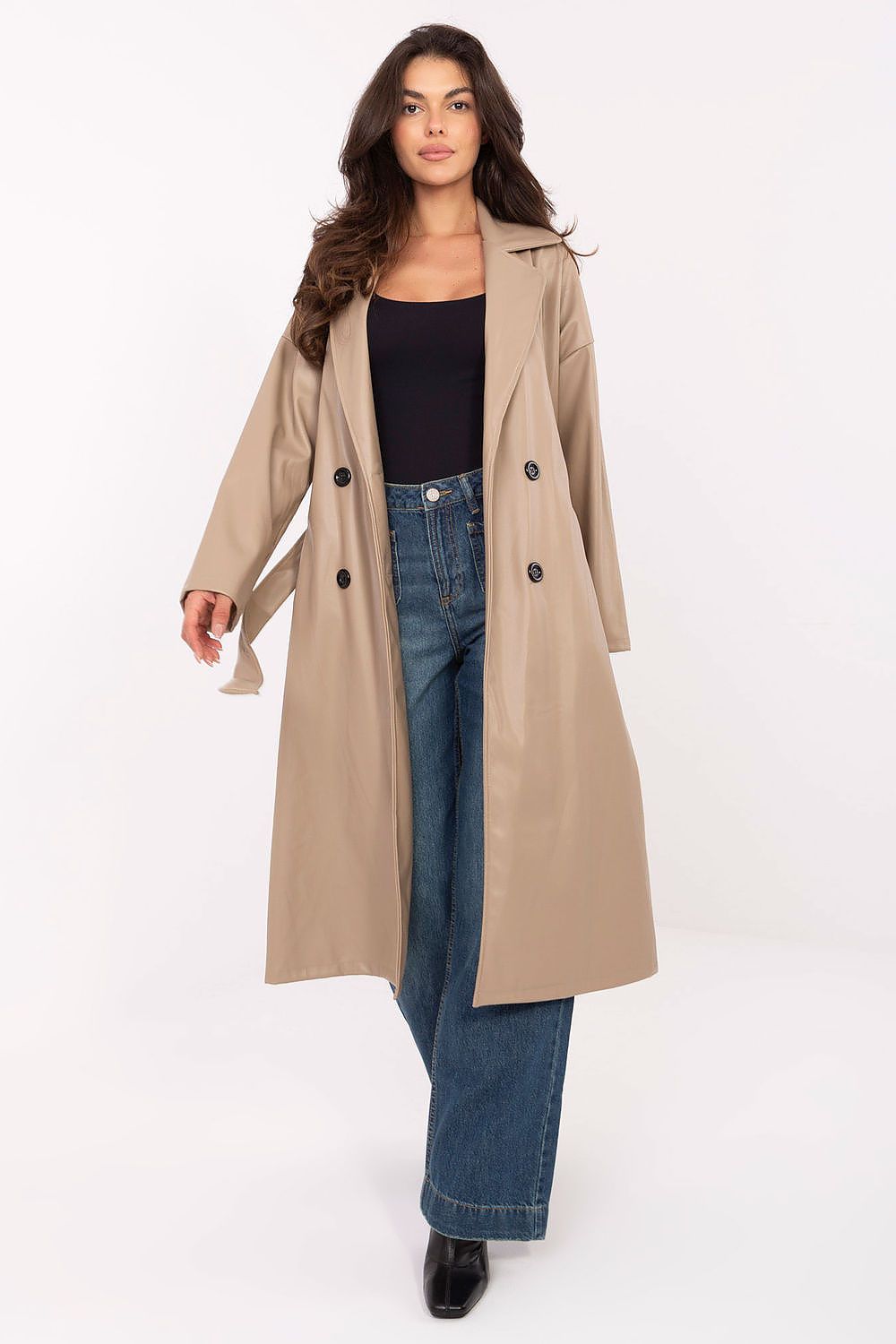 Rue Paris Vinyl Trench Coat with Belted Waist beige 2 one-size-fits-all -