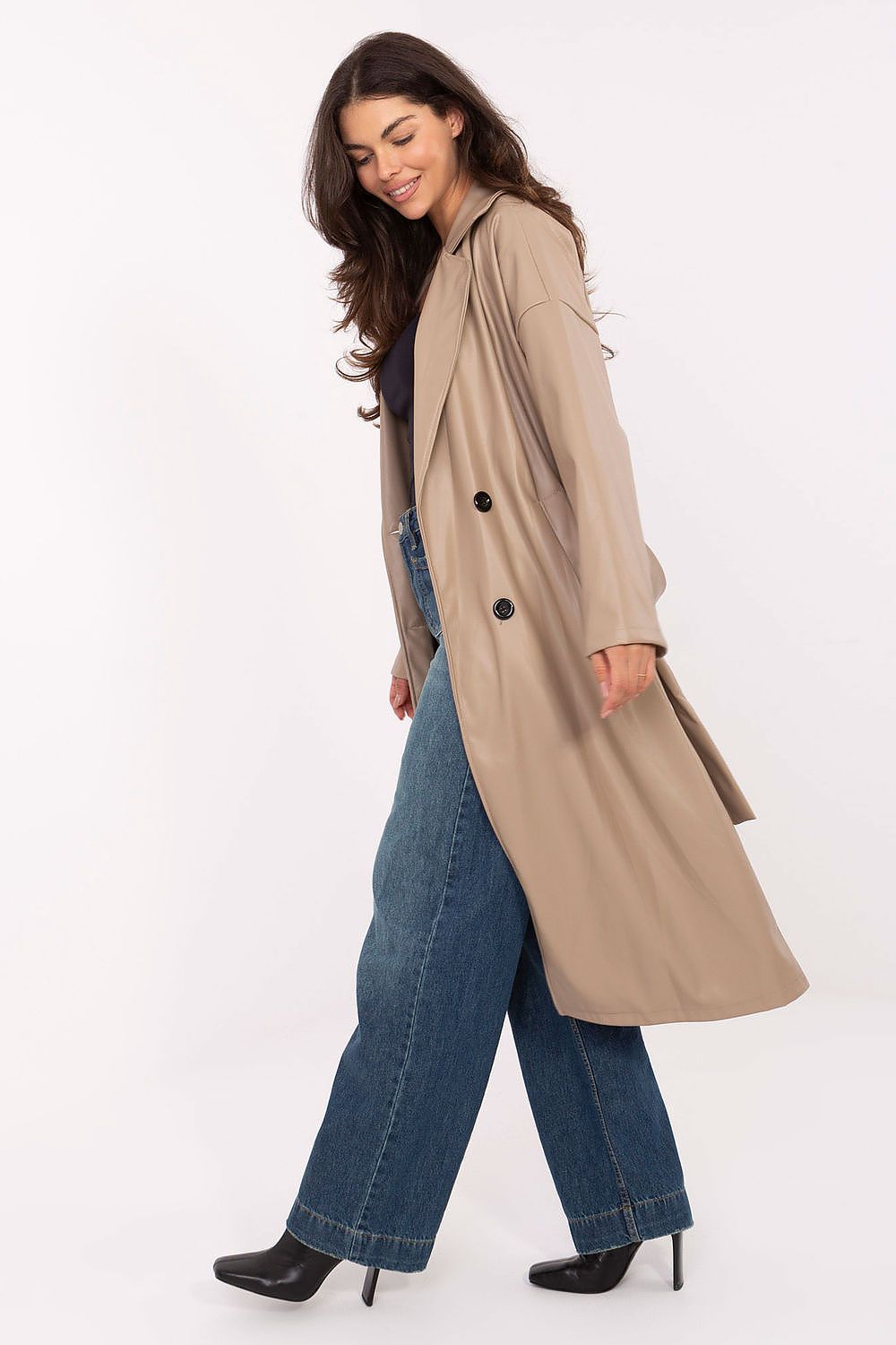 Rue Paris Vinyl Trench Coat with Belted Waist -