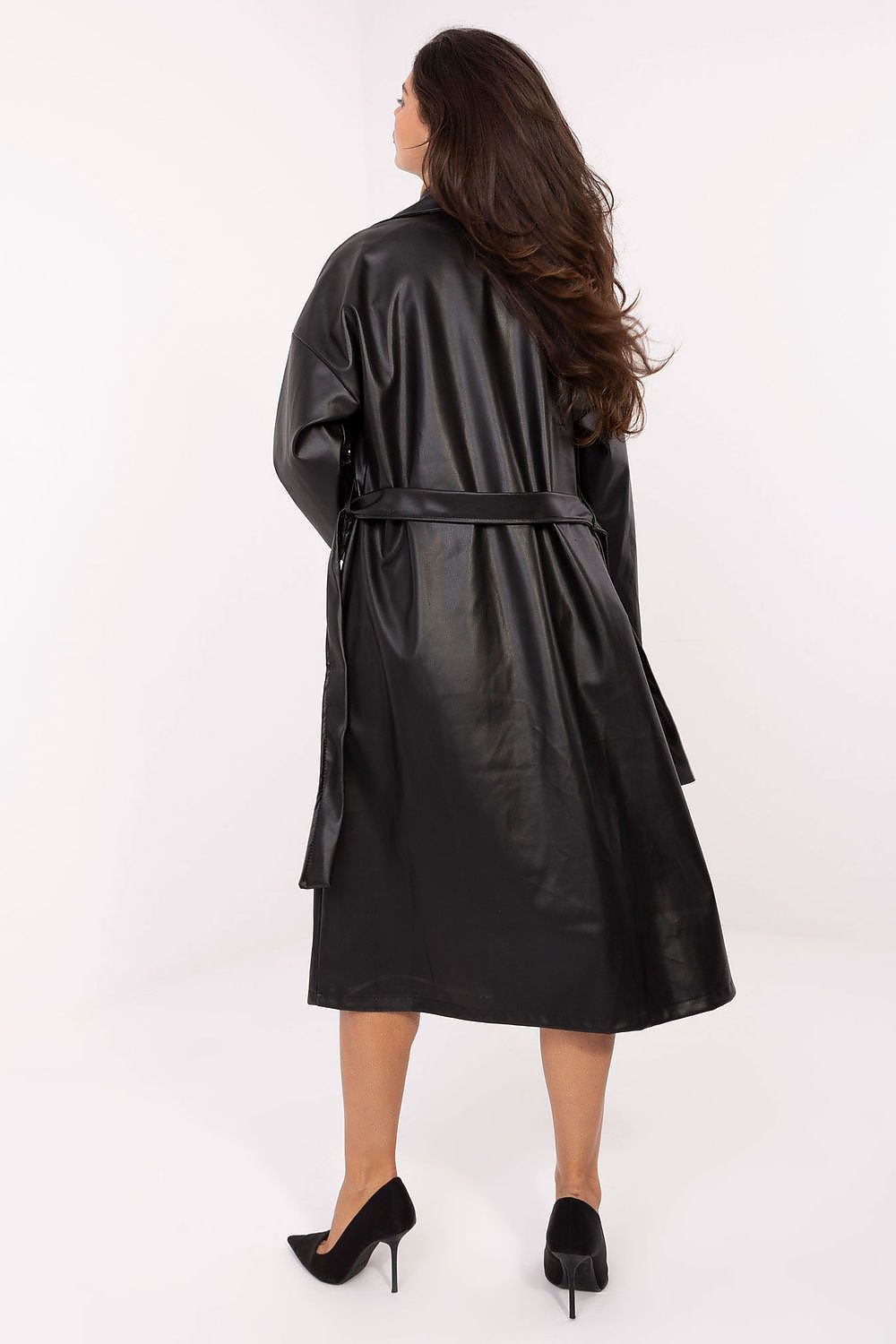 Rue Paris Vinyl Trench Coat with Belted Waist -