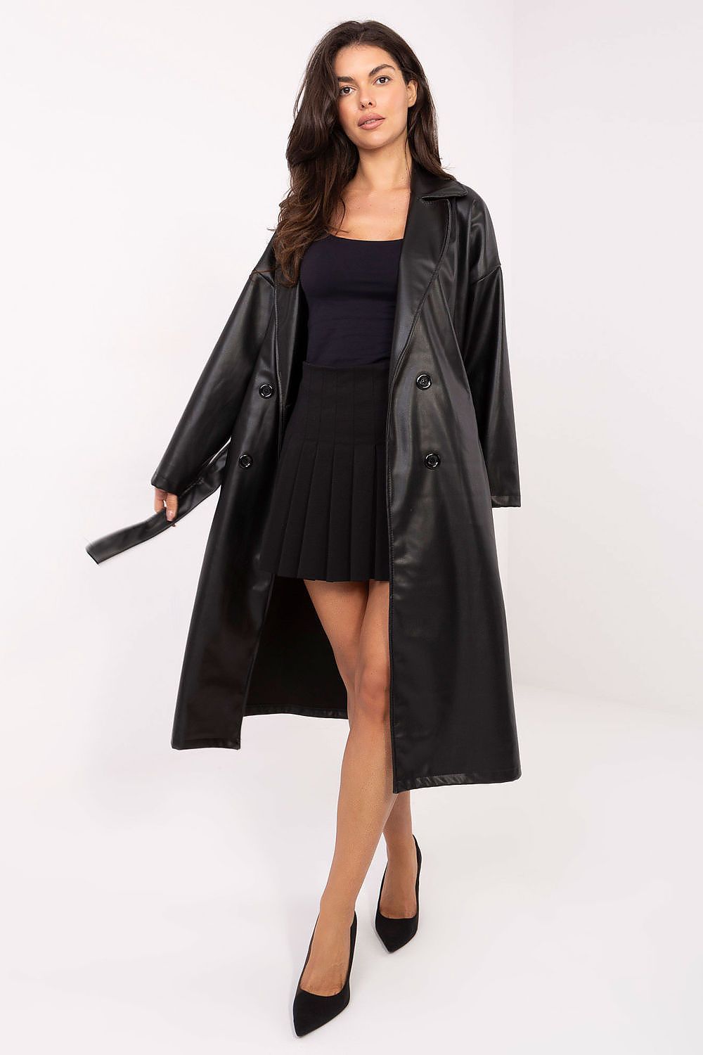 Rue Paris Vinyl Trench Coat with Belted Waist black one-size-fits-all -