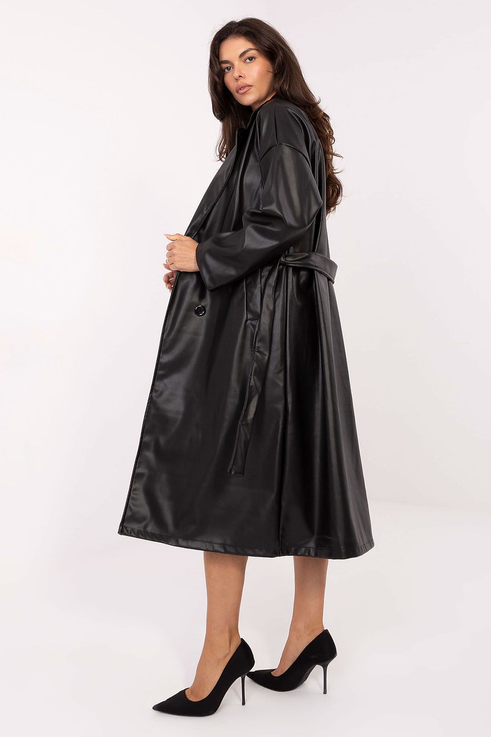 Rue Paris Vinyl Trench Coat with Belted Waist -