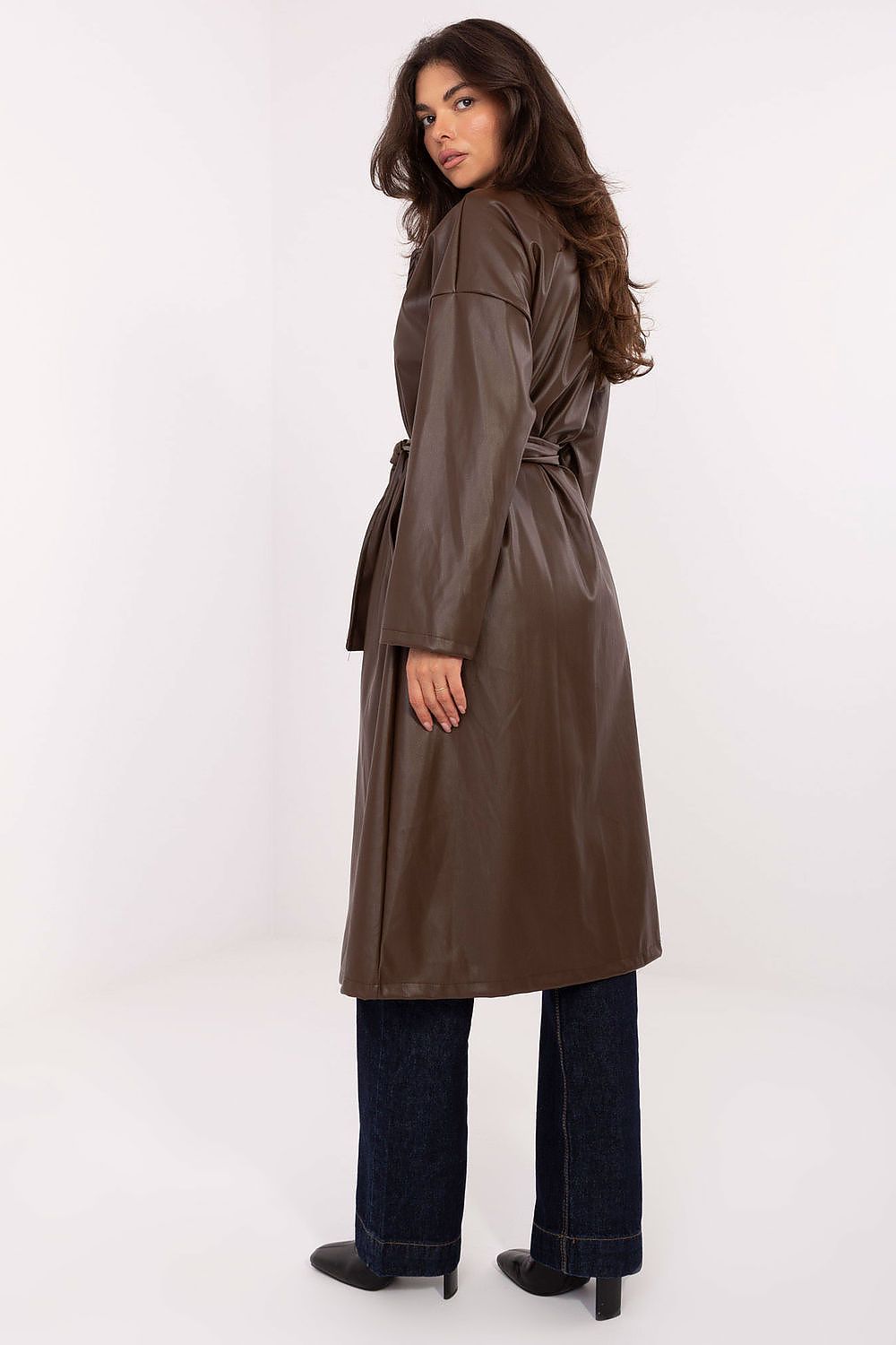 Rue Paris Vinyl Trench Coat with Belted Waist -