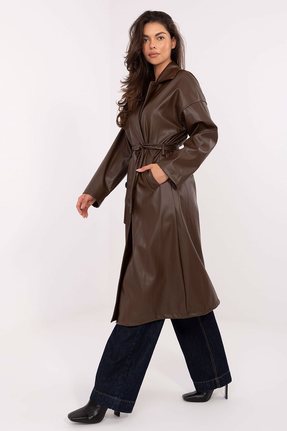 Rue Paris Vinyl Trench Coat with Belted Waist -