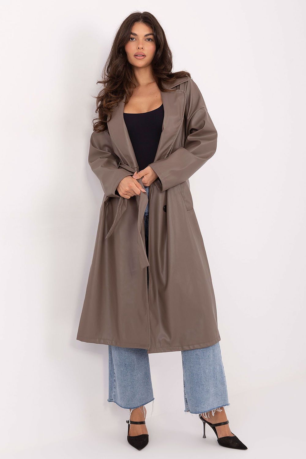 Rue Paris Vinyl Trench Coat with Belted Waist beige one-size-fits-all -