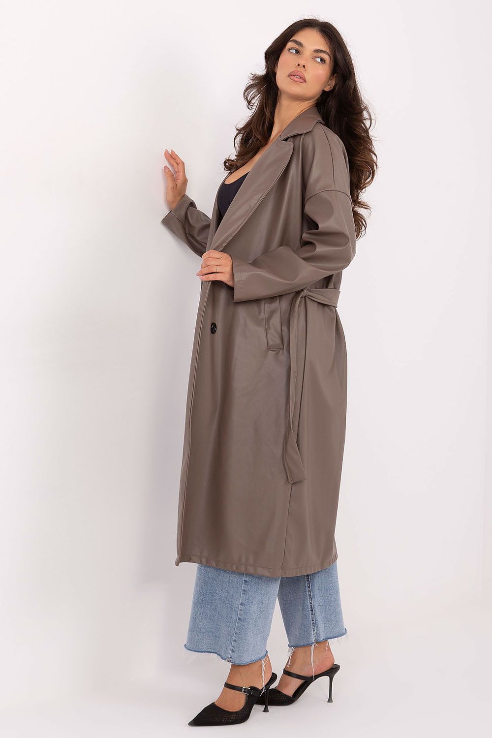 Rue Paris Vinyl Trench Coat with Belted Waist -