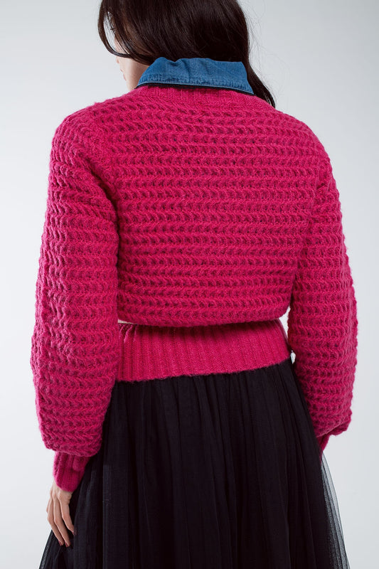 Waffle Knit Relaxed jumper With High Neck in Red - Sweaters