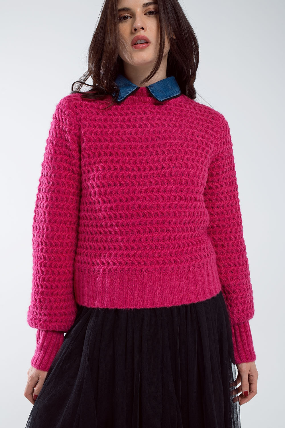 Waffle Knit Relaxed jumper With High Neck in Red - Sweaters