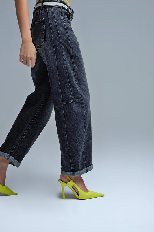 Washed Black Barrel Jeans With Seam Detail - Jeans