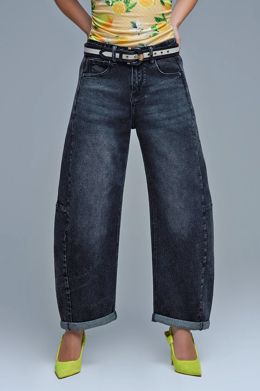 Washed Black Barrel Jeans With Seam Detail - Jeans