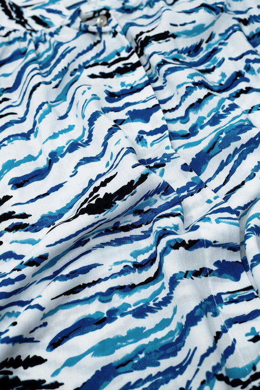 White Blouse With Blue Animal Print And Long Sleeves - Shirts